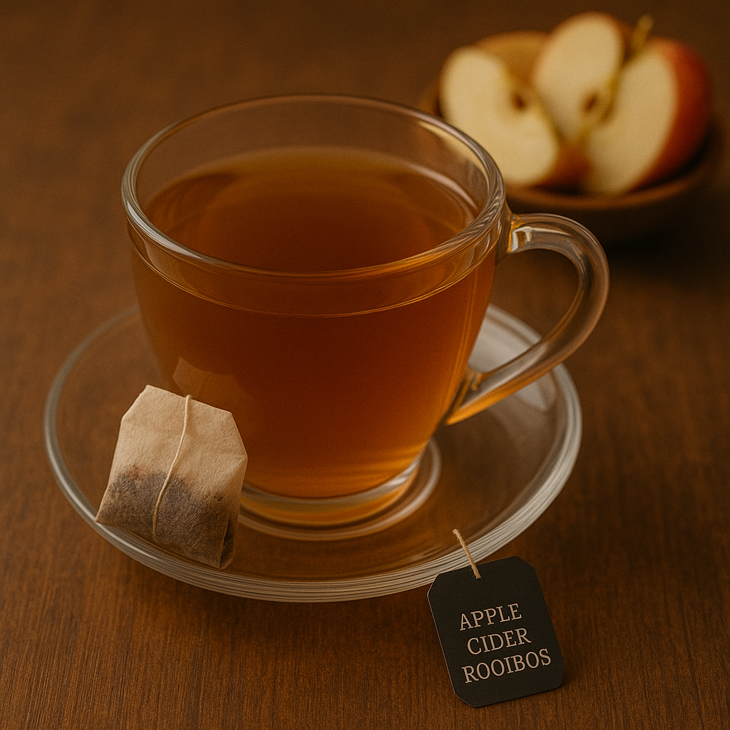 UfuKoffee Apple Cider Rooibos Tea brewed in a glass cup with tea bag and sliced apples in the background
