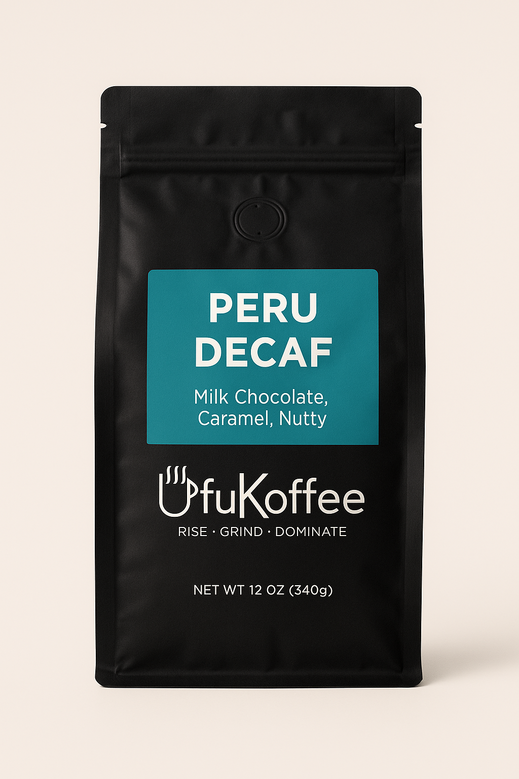 UfuKoffee Peru Decaf coffee bag labeled best decaf coffee for home brewing with milk chocolate caramel nutty notes