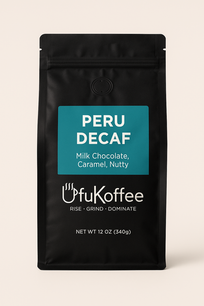 UfuKoffee Peru Decaf coffee bag labeled best decaf coffee for home brewing with milk chocolate caramel nutty notes