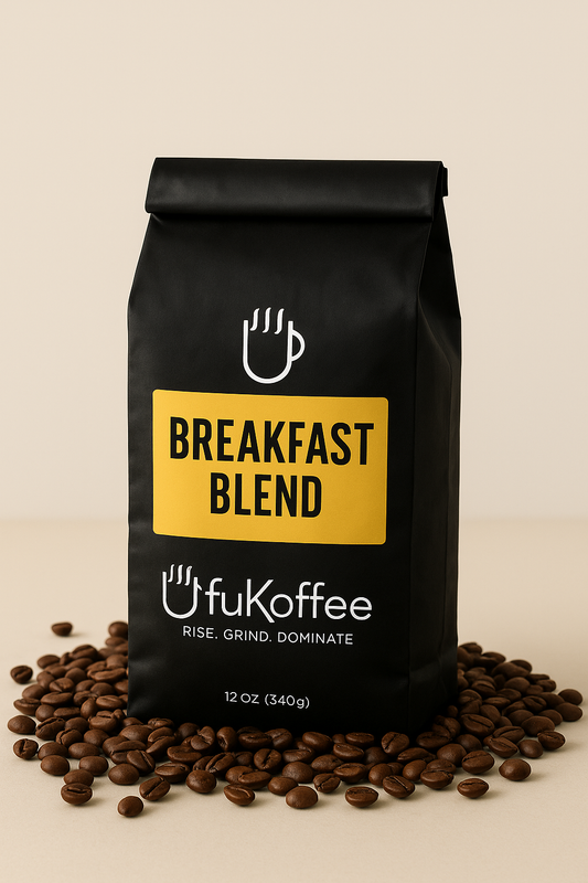 UfuKoffee Breakfast Blend Coffee black 12 oz bag surrounded by coffee beans
