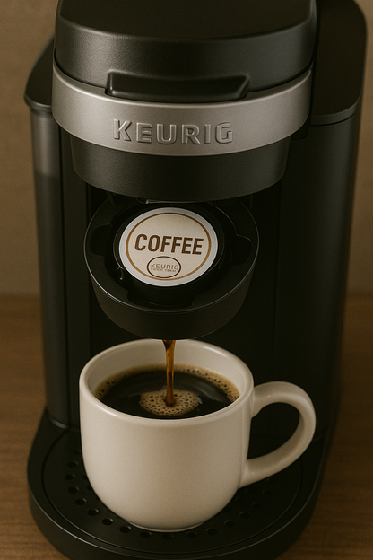 Keurig coffee maker brewing UfuKoffee Breakfast Blend Coffee into a white ceramic cup