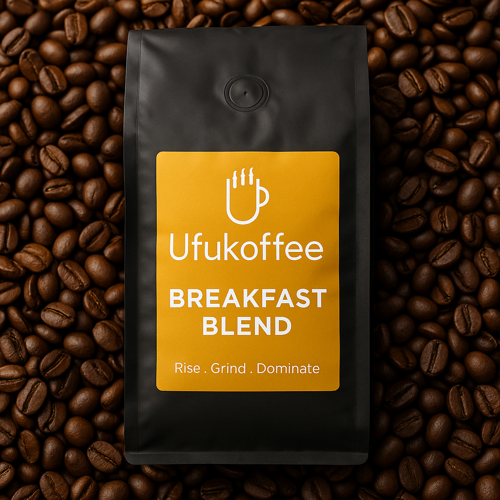 UfuKoffee breakfast blend light roast coffee bag with yellow label on roasted coffee beans background