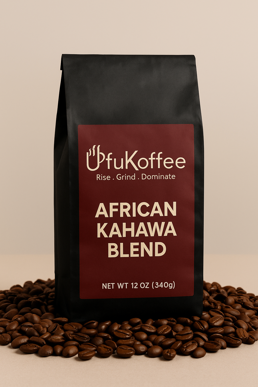 UfuKoffee African Kahawa Blend coffee bag surrounded by coffee beans to buy African coffee blend online