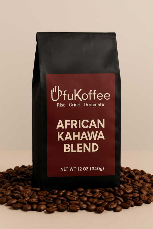 UfuKoffee African Kahawa Blend coffee bag surrounded by coffee beans to buy African coffee blend online