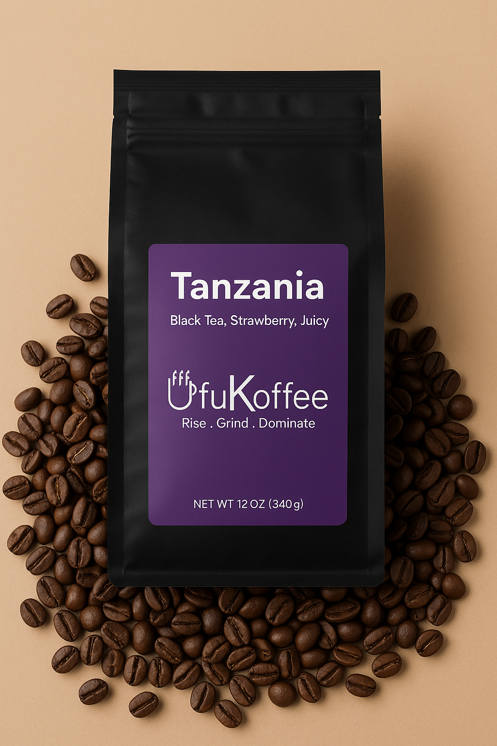UfuKoffee Tanzania coffee bag surrounded by coffee beans with label highlighting buy African coffee online