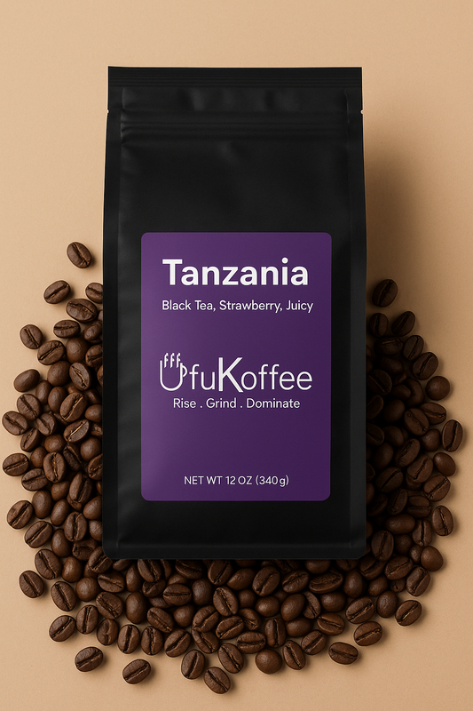 UfuKoffee Tanzania coffee bag surrounded by coffee beans with label highlighting buy African coffee online