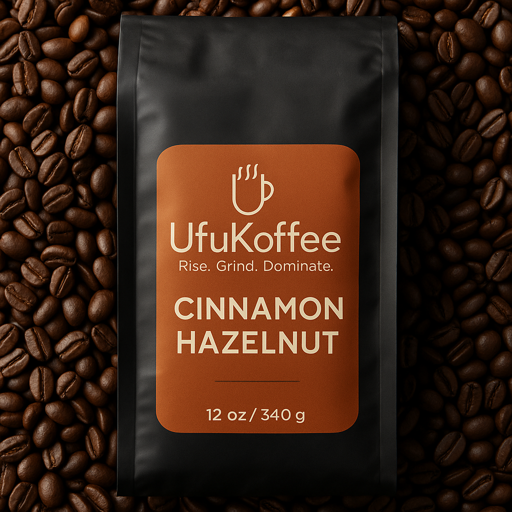 Buy Cinnamon Hazelnut Coffee Online UfuKoffee 12oz bag surrounded by coffee beans