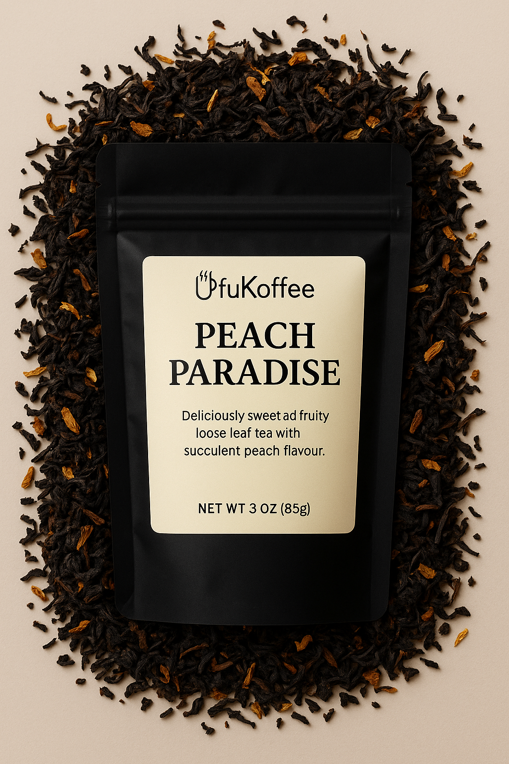 UfuKoffee Peach Paradise loose leaf tea bag surrounded by tea leaves buy peach coffee online
