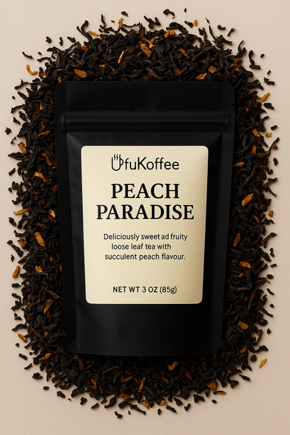 UfuKoffee Peach Paradise loose leaf tea bag surrounded by tea leaves buy peach coffee online