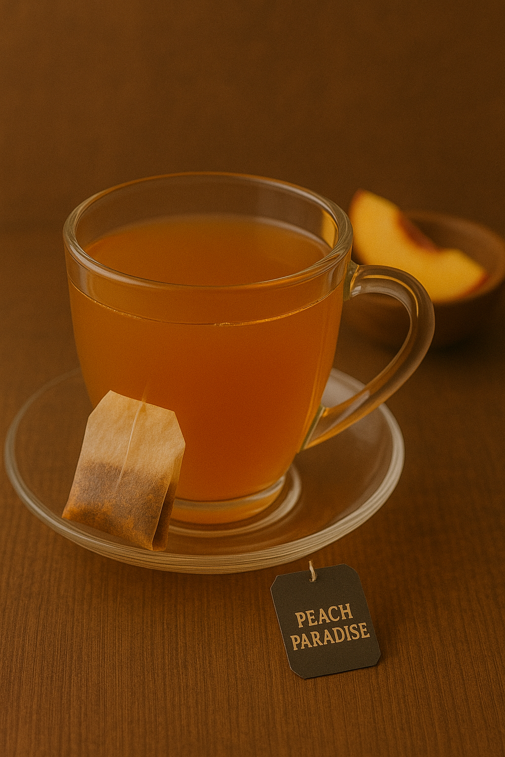 Buy peach coffee online with UfuKoffee Peach Paradise tea bag in clear glass cup on saucer