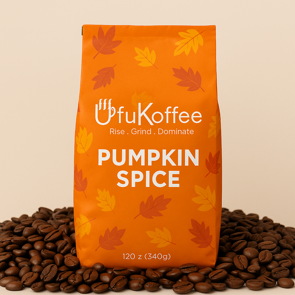 UfuKoffee pumpkin spice coffee bag surrounded by coffee beans buy pumpkin spice coffee online