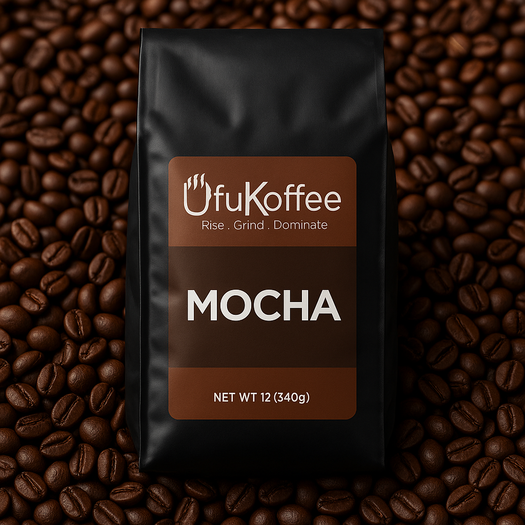 UfuKoffee Mocha bag surrounded by coffee beans featuring a chocolate flavored coffee blend