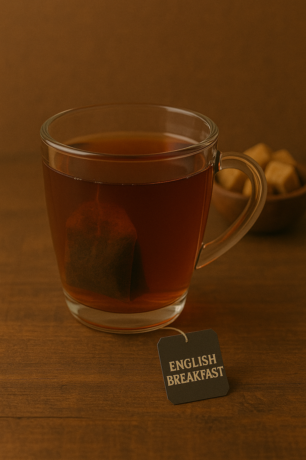 UfuKoffee English Breakfast Tea bag steeping in a clear glass cup filled with dark brewed tea