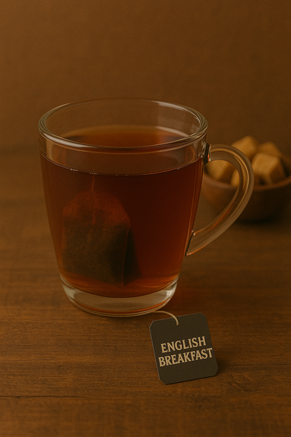 UfuKoffee English Breakfast Tea bag steeping in a clear glass cup filled with dark brewed tea