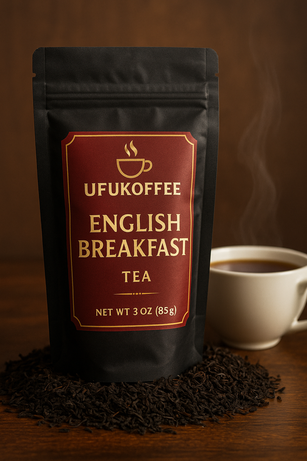 Ufukoffee English Breakfast Tea package standing on loose tea leaves next to a steaming cup of tea