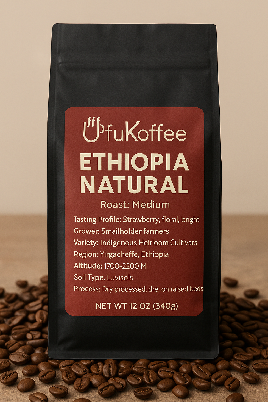 UfuKoffee Ethiopia natural coffee beans medium roast in a 12 oz black bag with detailed origin and process info