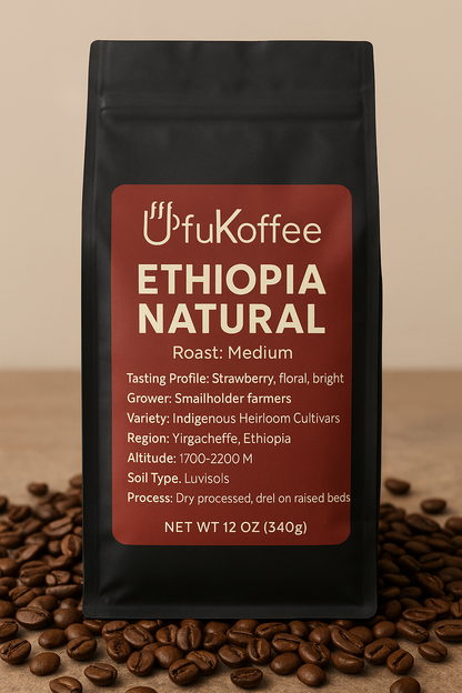 UfuKoffee Ethiopia natural coffee beans medium roast in a 12 oz black bag with detailed origin and process info