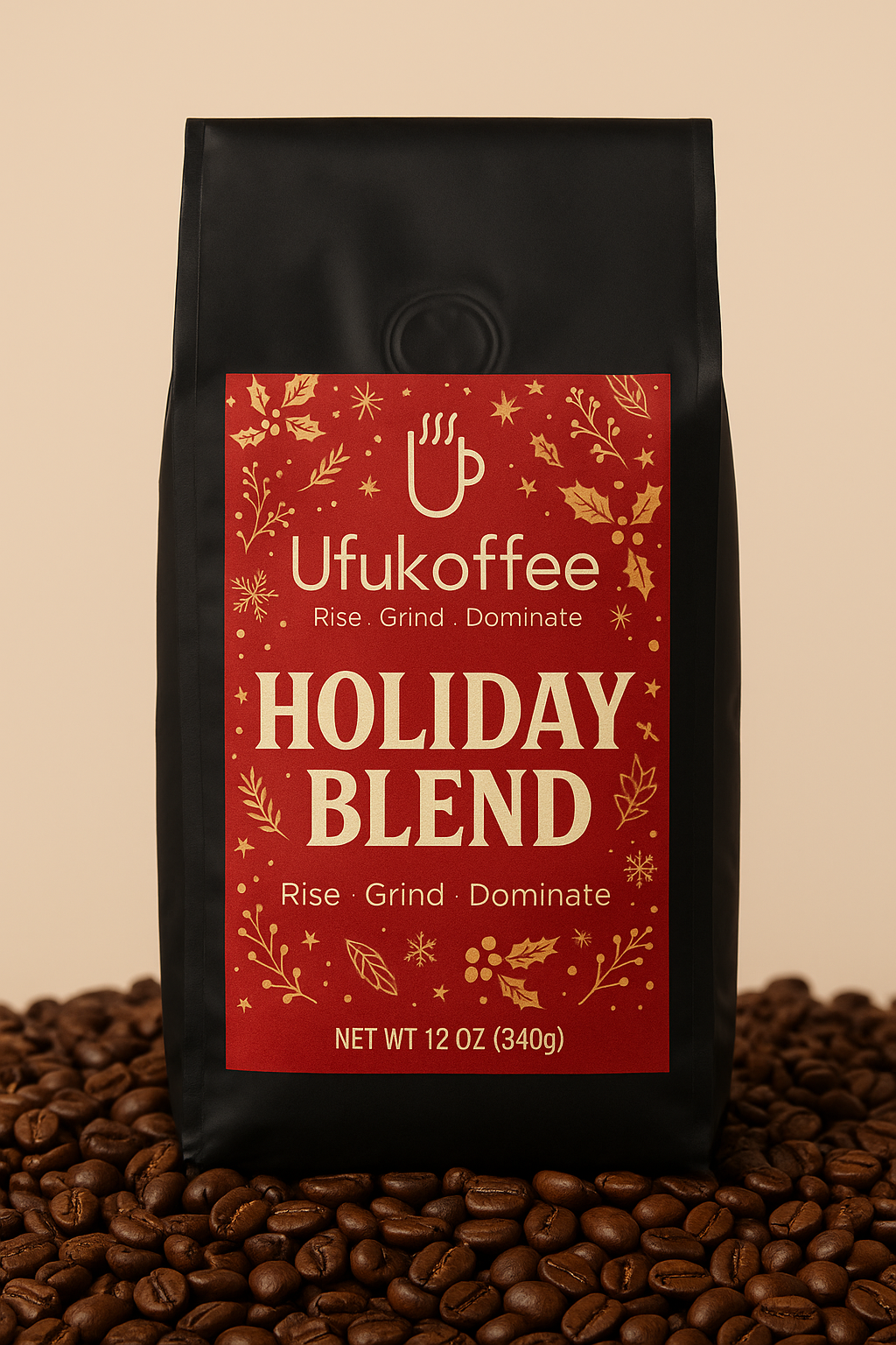 UfuKoffee Holiday Blend festive seasonal coffee beans in 12 oz black bag with red holiday label