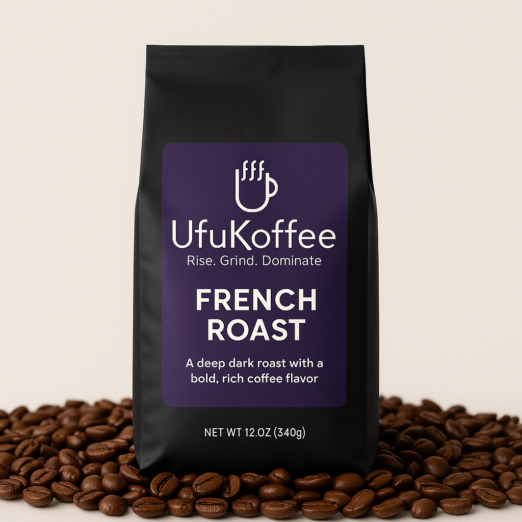 UfuKoffee bag of french roast coffee beans surrounded by whole coffee beans