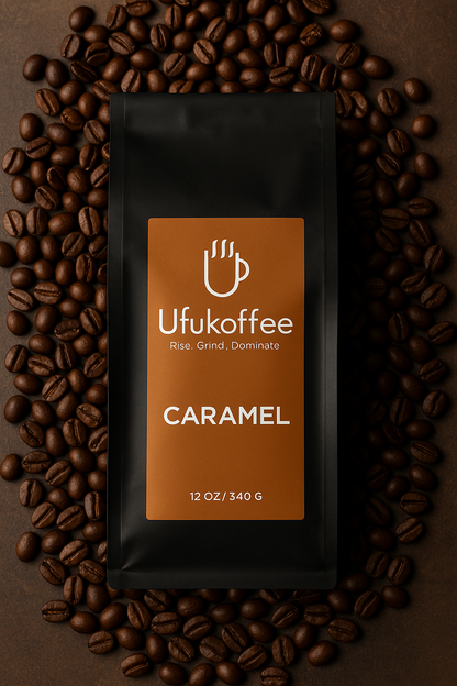 UfuKoffee caramel coffee beans packaging surrounded by fresh coffee beans for fresh caramel coffee beans delivery