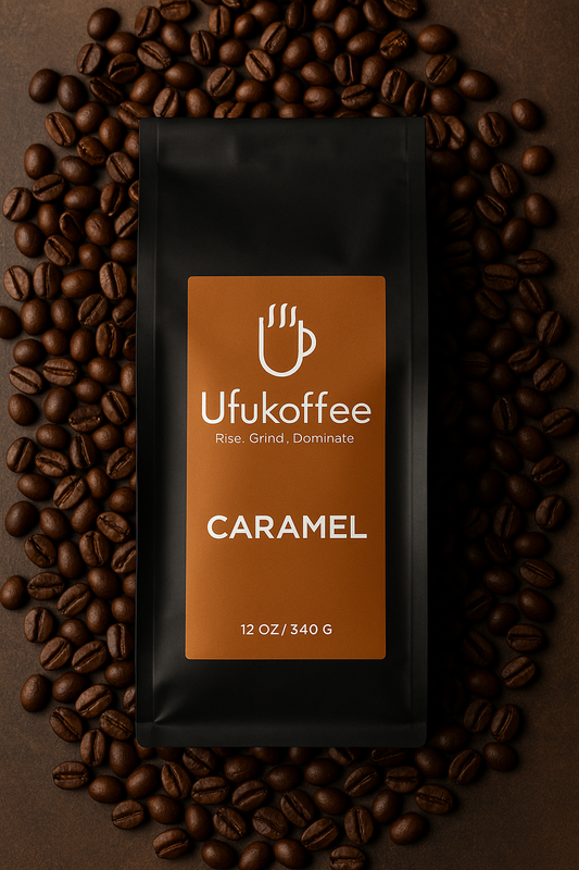UfuKoffee caramel coffee beans packaging surrounded by fresh coffee beans for fresh caramel coffee beans delivery