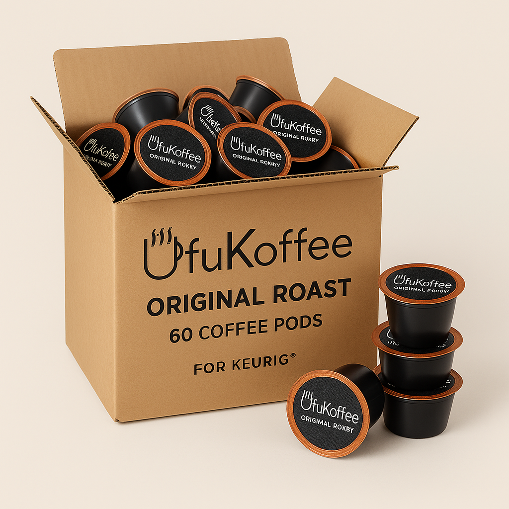 UfuKoffee original roast coffee pods box with fresh roasted coffee pods delivery for Keurig machines