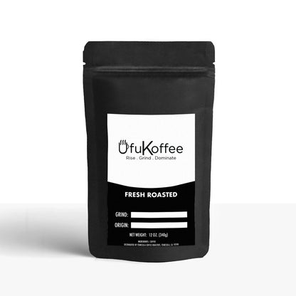 UfuKoffee black bag packaging of fresh roasted specialty coffee with white label and branding