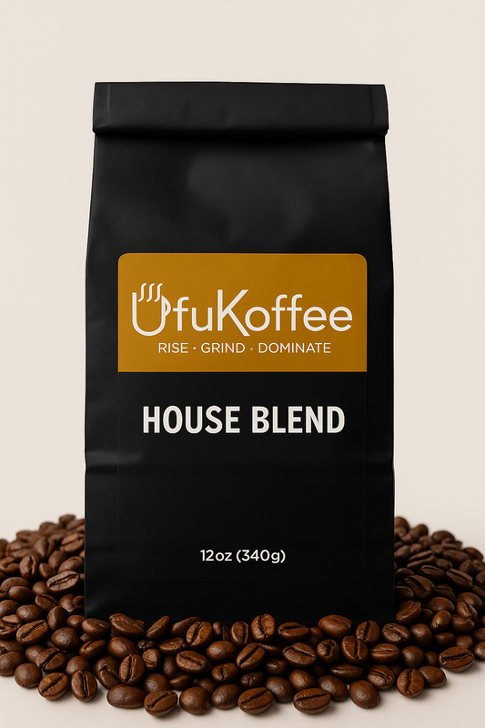 UfuKoffee house blend fresh roasted specialty coffee 12oz black bag surrounded by coffee beans