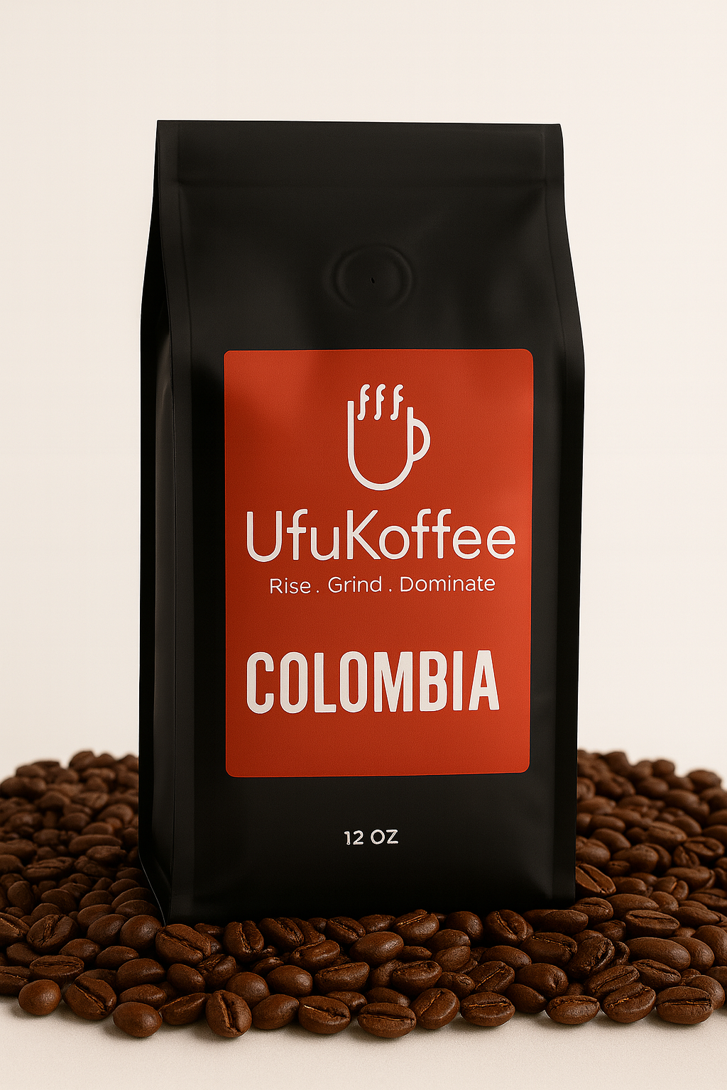 UfuKoffee 12 oz bag of Freshly Roasted Colombian Coffee surrounded by coffee beans