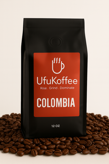 UfuKoffee 12 oz bag of Freshly Roasted Colombian Coffee surrounded by coffee beans