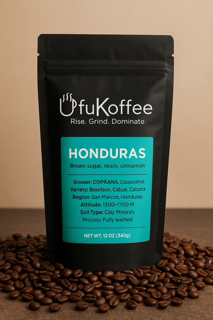 UfuKoffee black bag of freshly roasted Honduras coffee online with tasting notes and origin details