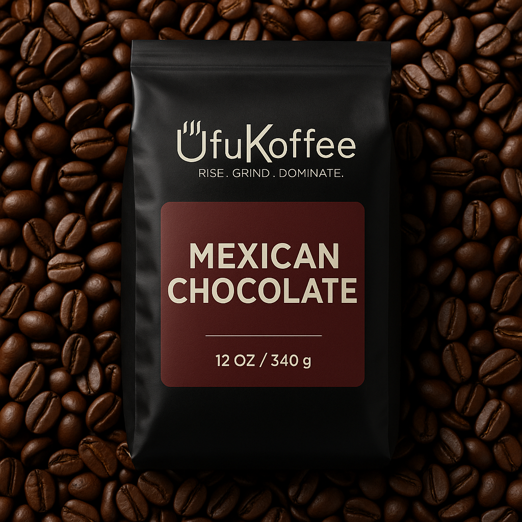 UfuKoffee freshly roasted Mexican chocolate coffee bag surrounded by roasted coffee beans