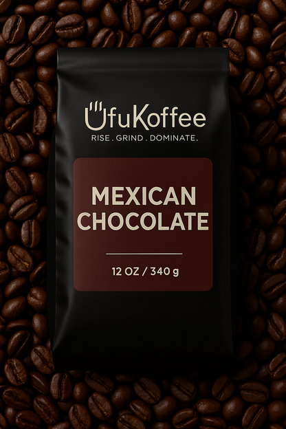 UfuKoffee bag of freshly roasted Mexican chocolate coffee surrounded by coffee beans