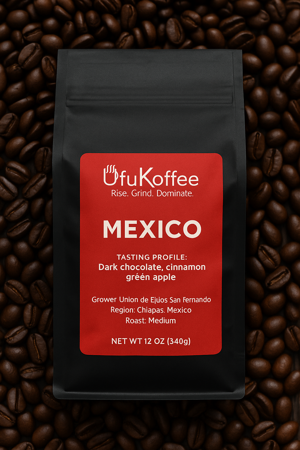 UfuKoffee black bag of freshly roasted Mexican coffee delivered with tasting notes of dark chocolate cinnamon and green apple
