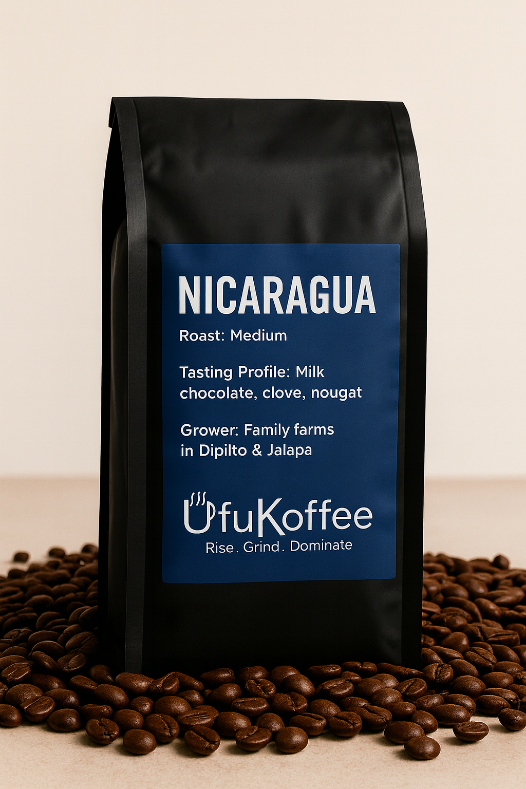 UfuKoffee medium roast coffee bag with freshly roasted Nicaraguan coffee delivery surrounded by coffee beans