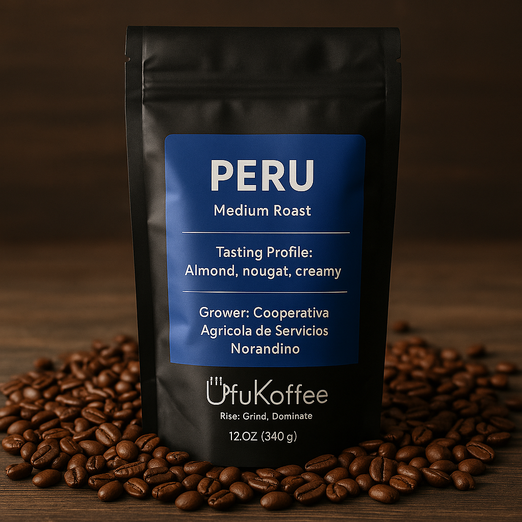 UfuKoffee bag of freshly roasted Peruvian coffee medium roast surrounded by coffee beans