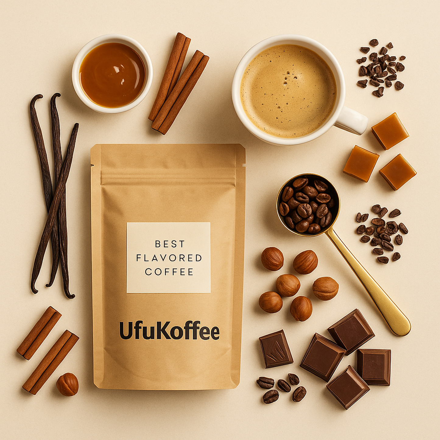 UfuKoffee bag of hazelnut flavor specialty coffee beans surrounded by coffee cup, cinnamon sticks, vanilla pods, chocolate, caramel, and hazelnuts