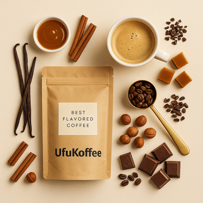 UfuKoffee bag of hazelnut flavor specialty coffee beans surrounded by coffee cup, cinnamon sticks, vanilla pods, chocolate, caramel, and hazelnuts