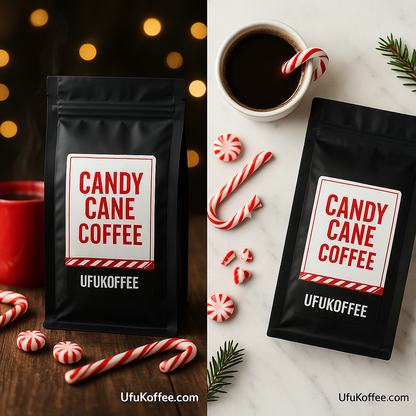 Ufukoffee Holiday Candy Cane flavor coffee bag with candy canes and peppermint candies beside a cup of coffee