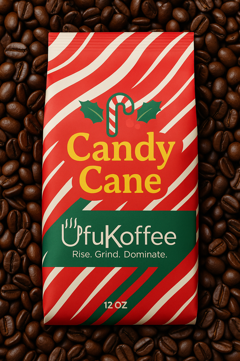 Ufukoffee Holiday Candy Cane flavor coffee bag with red and white stripes and candy cane design surrounded by coffee beans