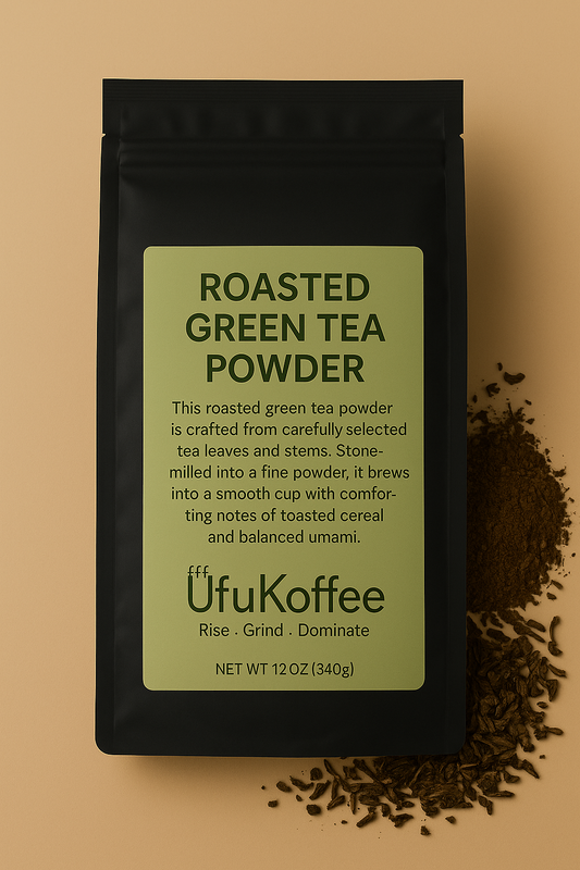 UfuKoffee roasted green tea powder package with Japanese hojicha tea for sale label and loose tea leaves