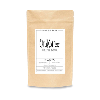 UfuKoffee artisan loose leaf Japanese hojicha tea for sale in a resealable kraft paper pouch