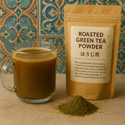 UfuKoffee roasted green tea powder with brewed cup and loose powder Japanese hojicha tea for sale