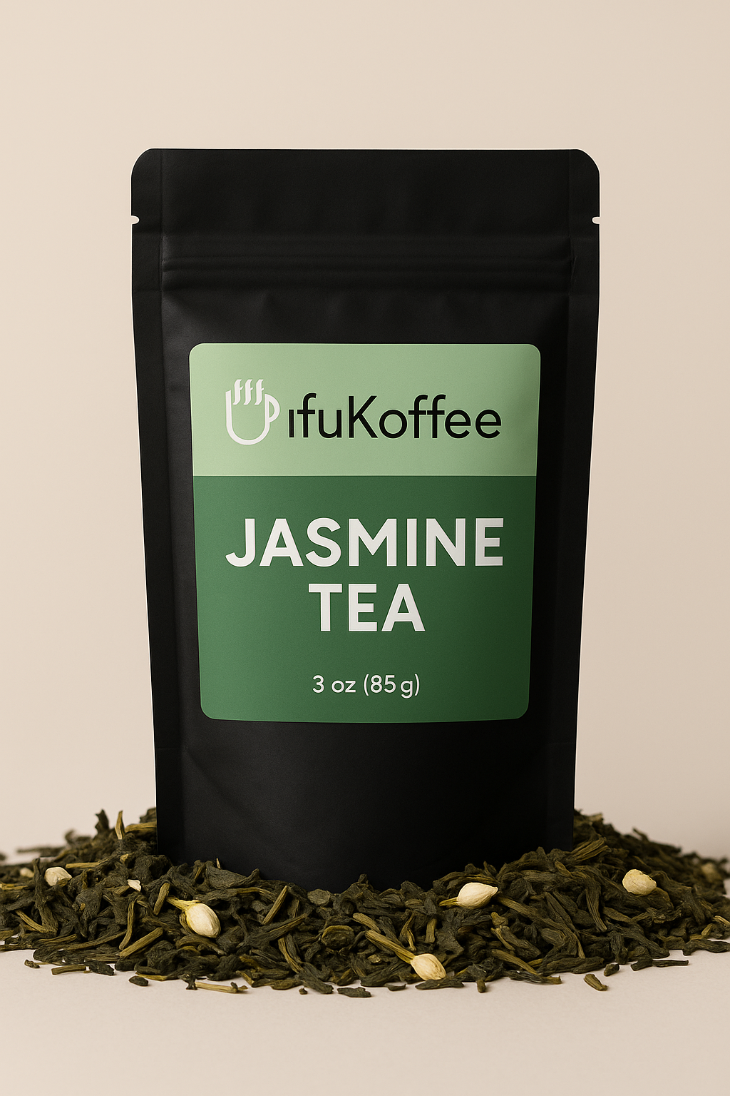 UfuKoffee jasmine tea bags in black resealable pouch surrounded by loose jasmine tea leaves
