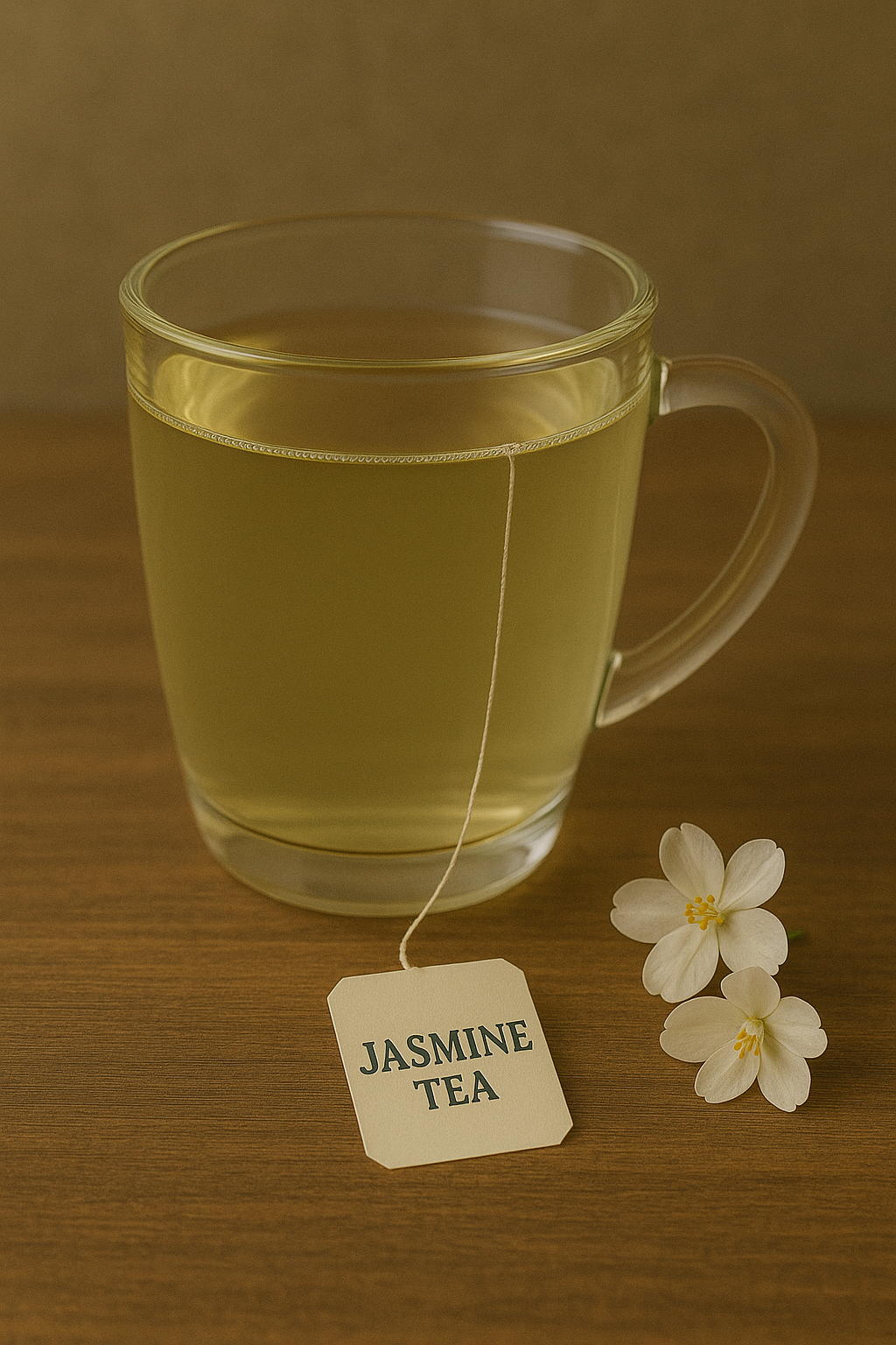 Clear glass cup of jasmine tea with jasmine tea bags tag and white jasmine flowers on wooden surface