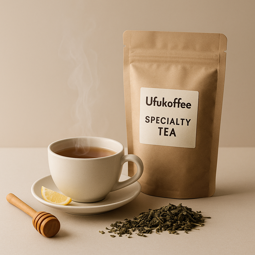 UfuKoffee masala chai tea package with steaming cup of tea, loose leaves, honey dipper, and lemon wedge