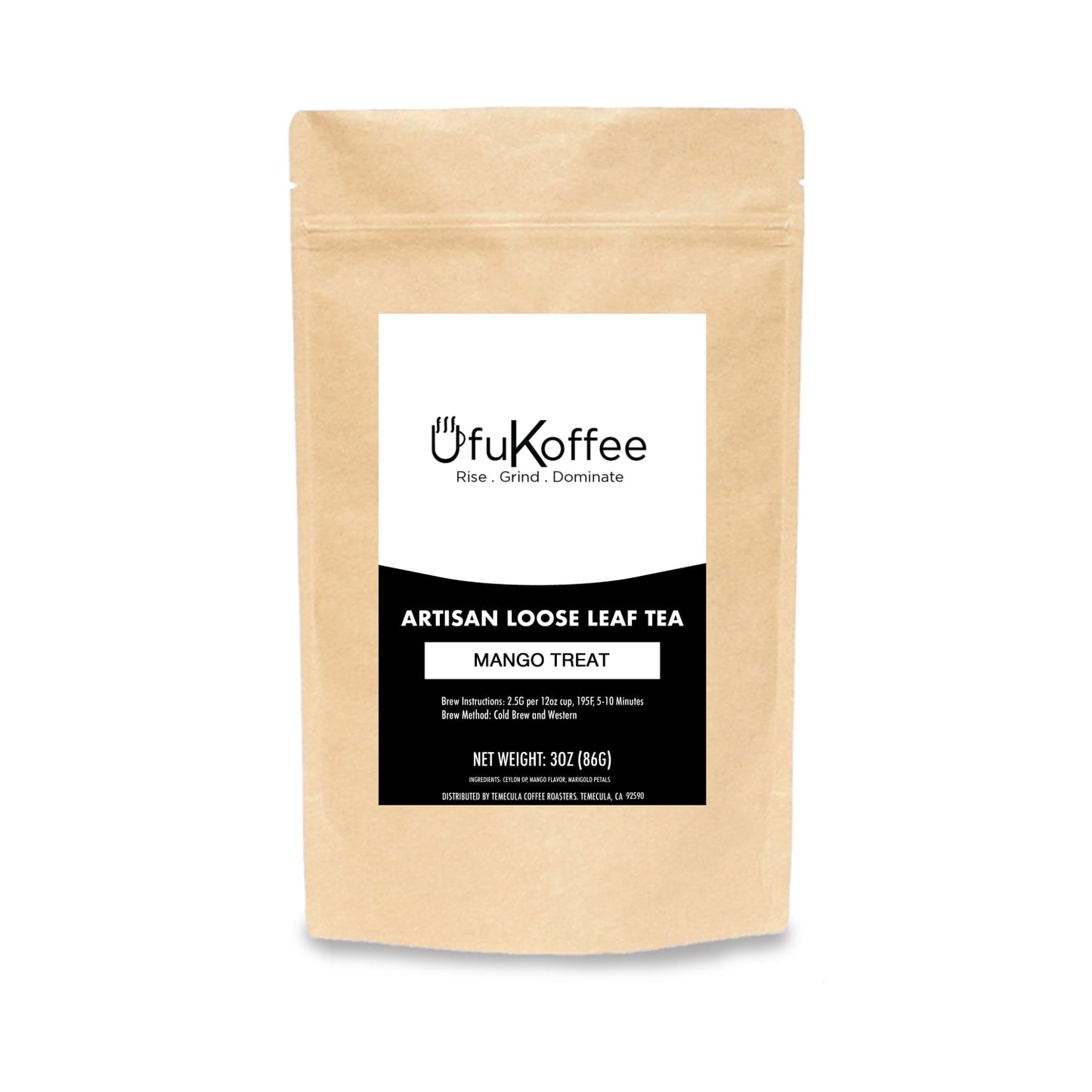 UfuKoffee artisan loose leaf mango flavored tea in resealable kraft paper pouch