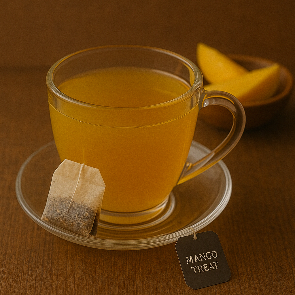 UfuKoffee mango flavored tea in clear glass cup with tea bag and mango slices on wooden table