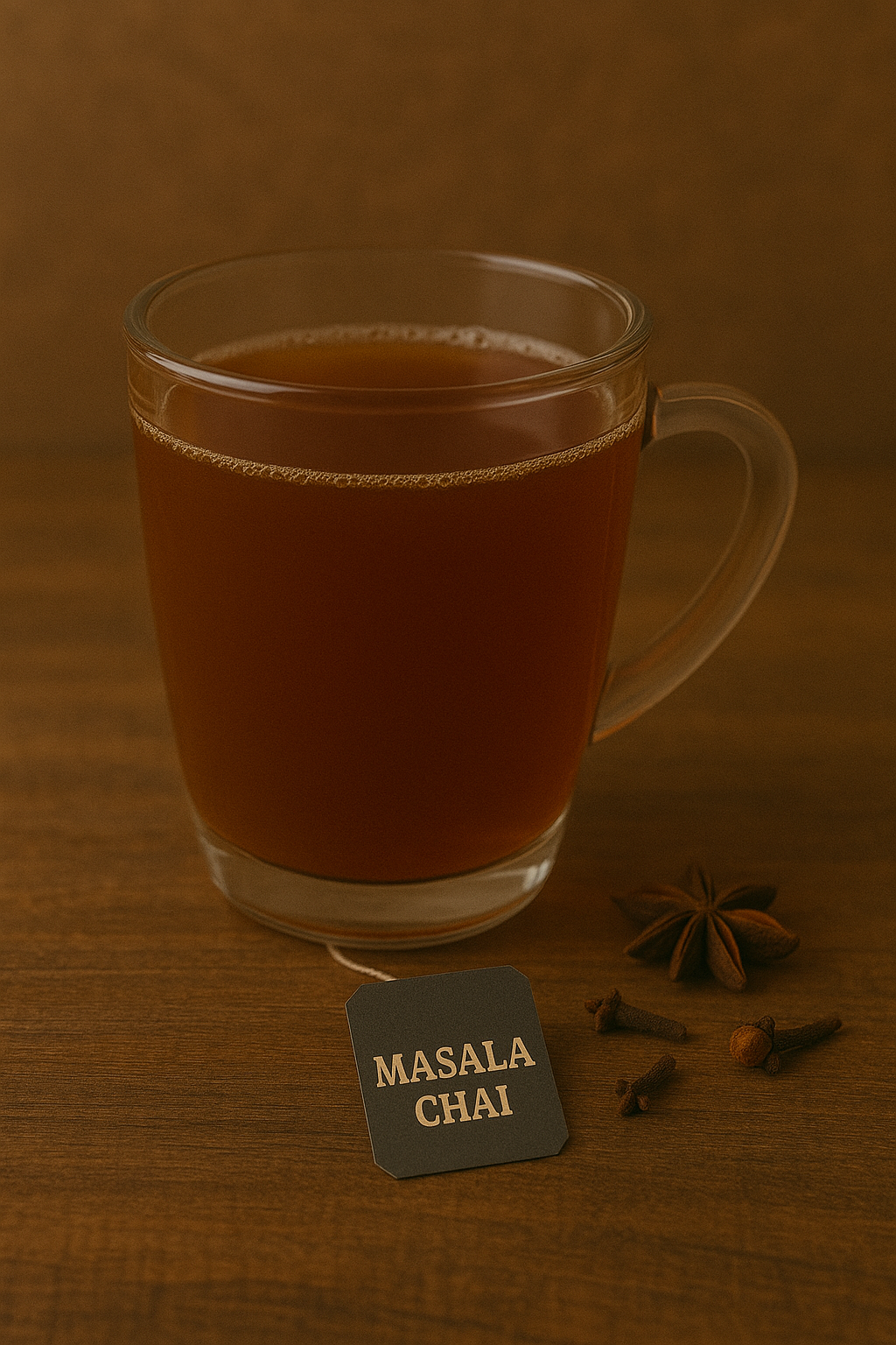 UfuKoffee masala chai tea in a clear glass cup with spices on wooden surface