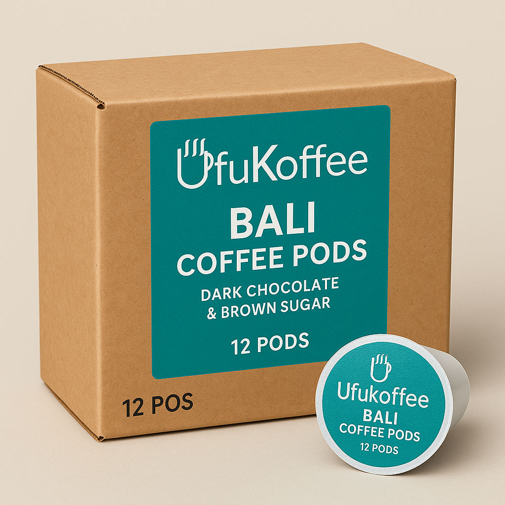 UfuKoffee Bali medium-dark roast coffee pods box with 12 pods featuring dark chocolate and brown sugar flavor